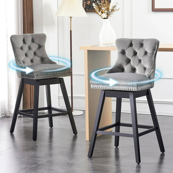 TEWLOSS 26" Swivel Counter Height Bar Stools Set of 2 with Backs, Gray Velvet Upholstered Seat for Kitchen Island