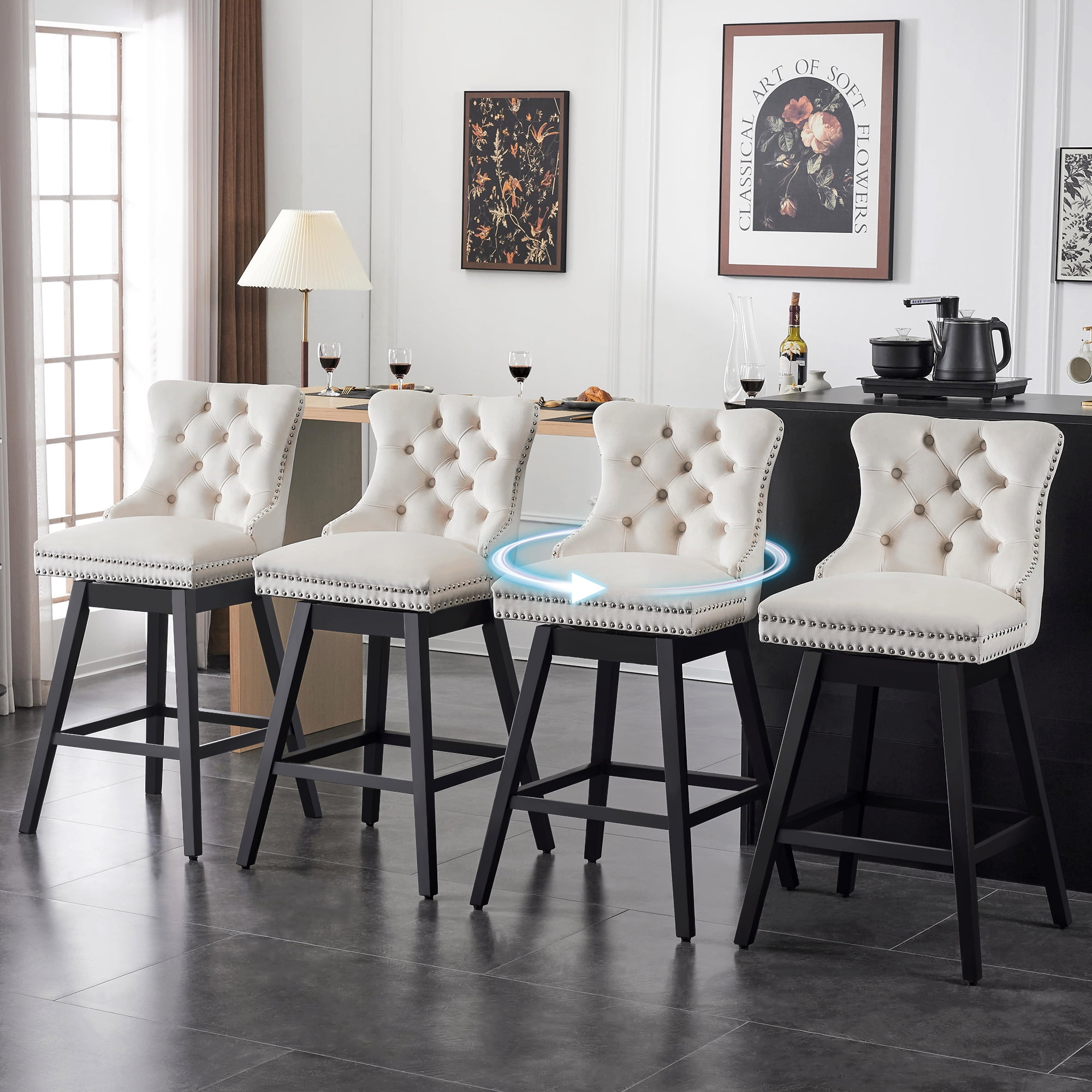 Beige Velvet Upholstered Swivel Counter Stools with Wood Legs, Set of 4