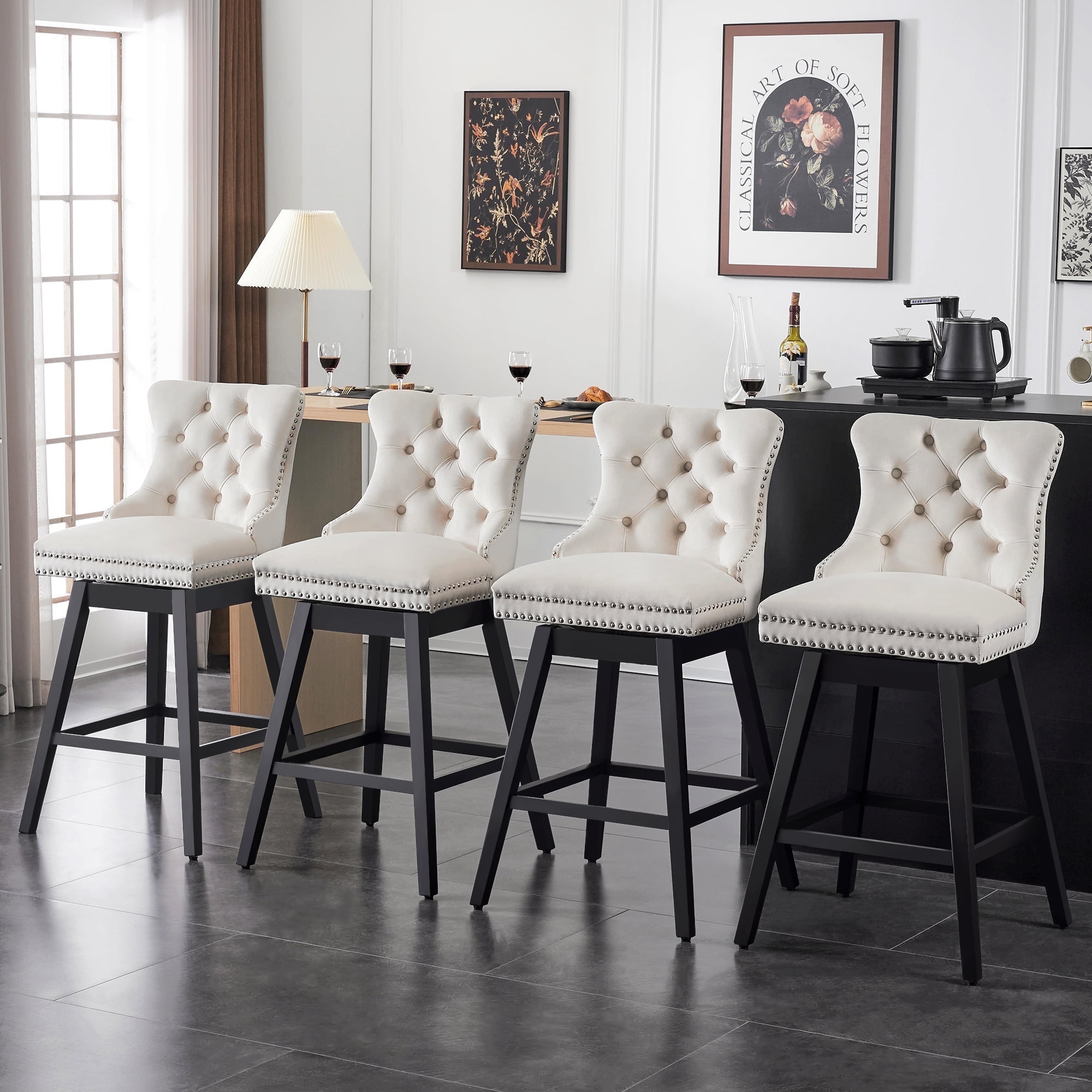 Beige Velvet Upholstered Swivel Counter Stools with Wood Legs, Set of 4