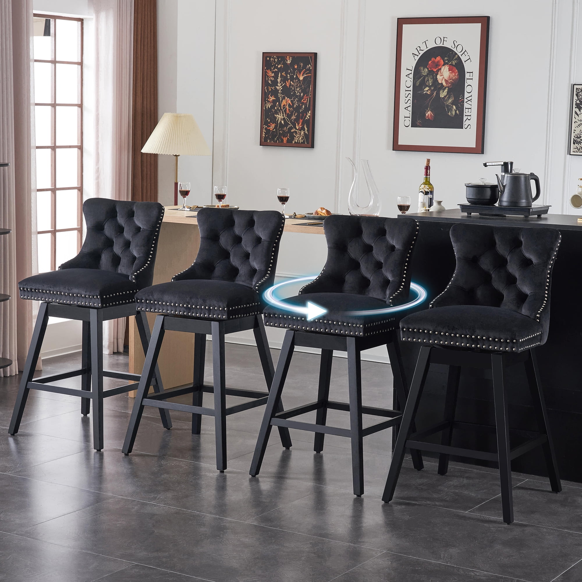 Black Velvet Upholstered Swivel Counter Height Stools with Wood Legs, Set of 4