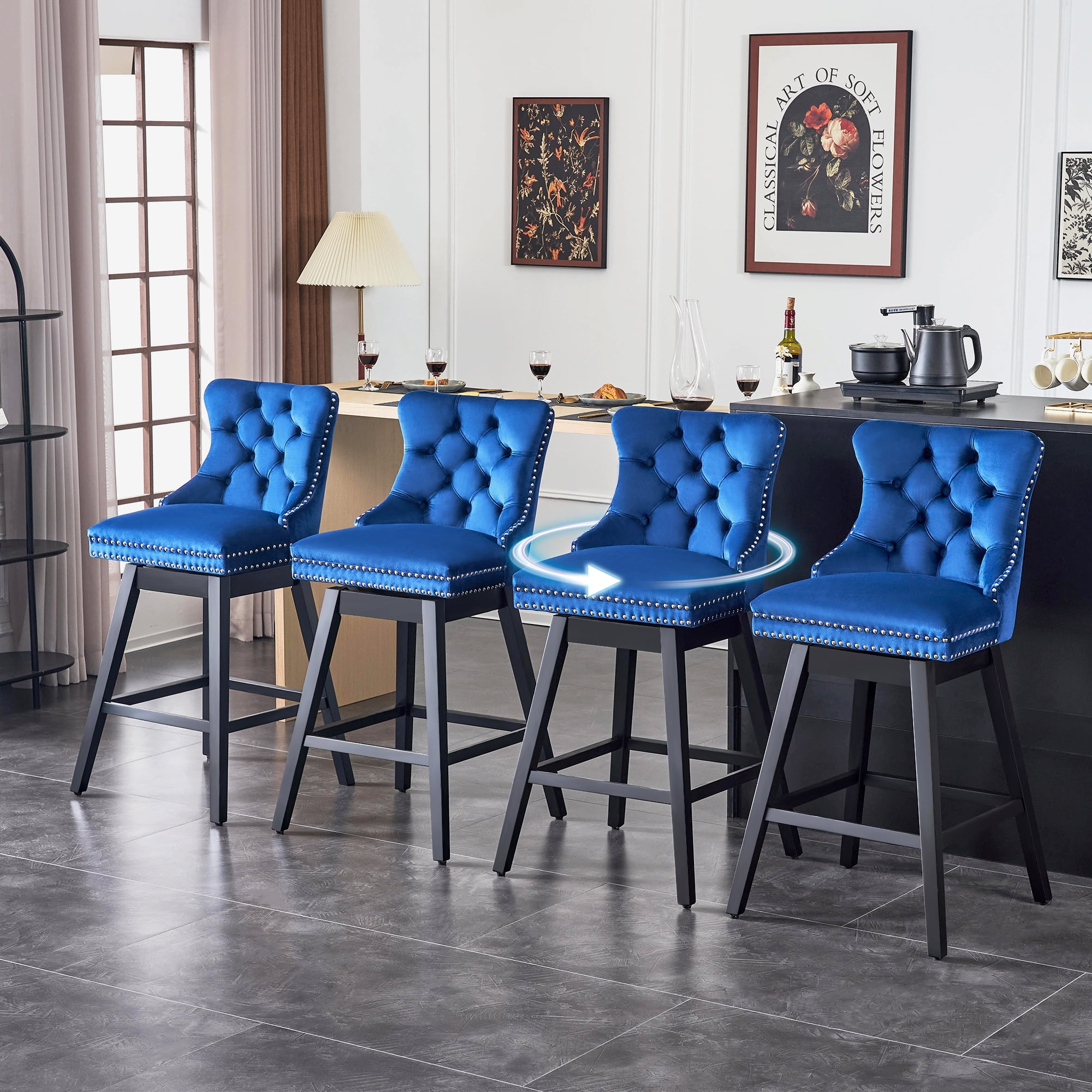 Blue Velvet Upholstered Swivel Counter Height Stools with Black Wood Legs, Set of 4