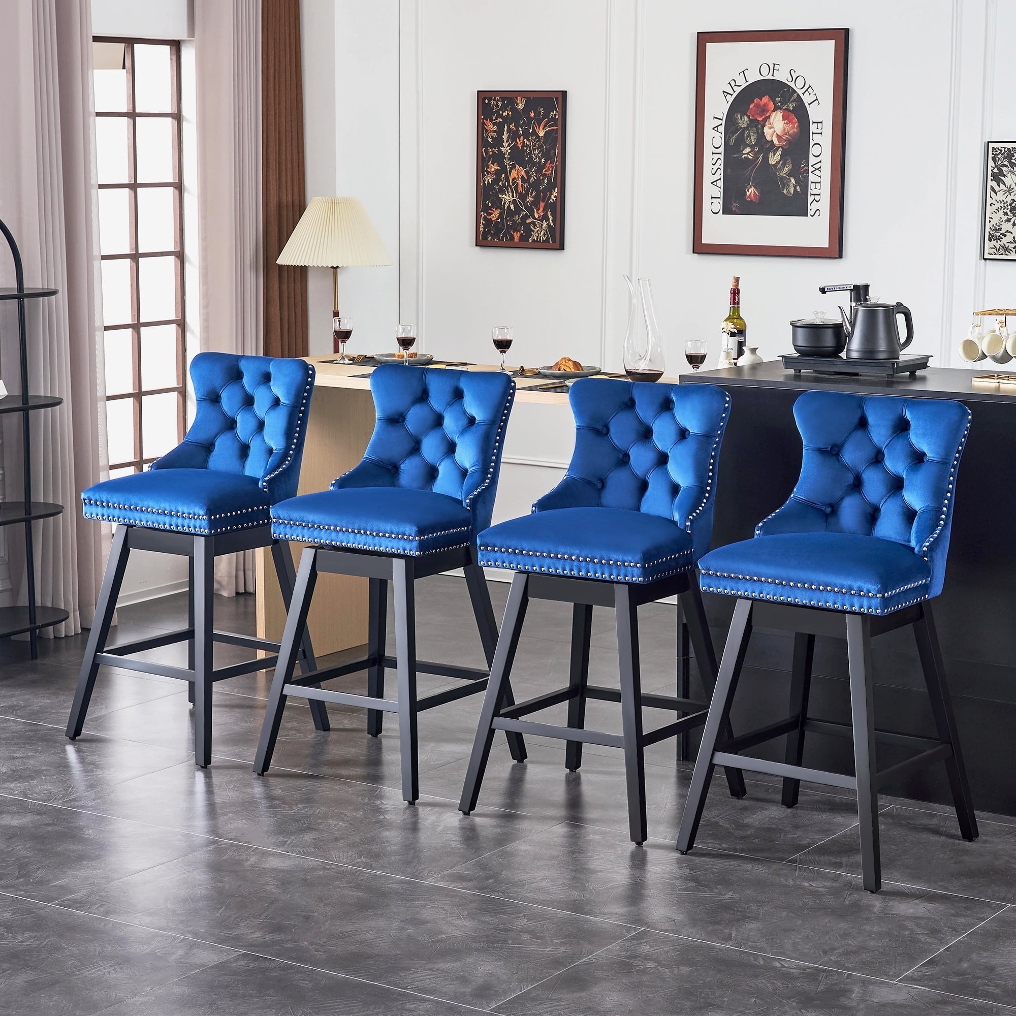 Blue Velvet Upholstered Swivel Counter Height Stools with Black Wood Legs, Set of 4