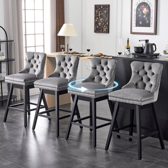 TEWLOSS 26" Swivel Counter Height Bar Stools Set of 4, Gray Velvet Kitchen Stools with Back
