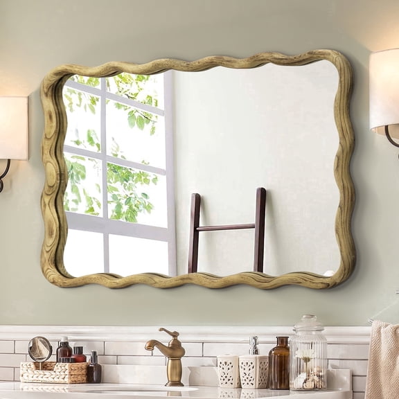 TEWLOSS Wavy Mirrors Wall Mirror, Vintage 30"x20" Farmhouse Bathroom Mirrors For Wall Decor Wood Framed Accent Mirror, Natural 