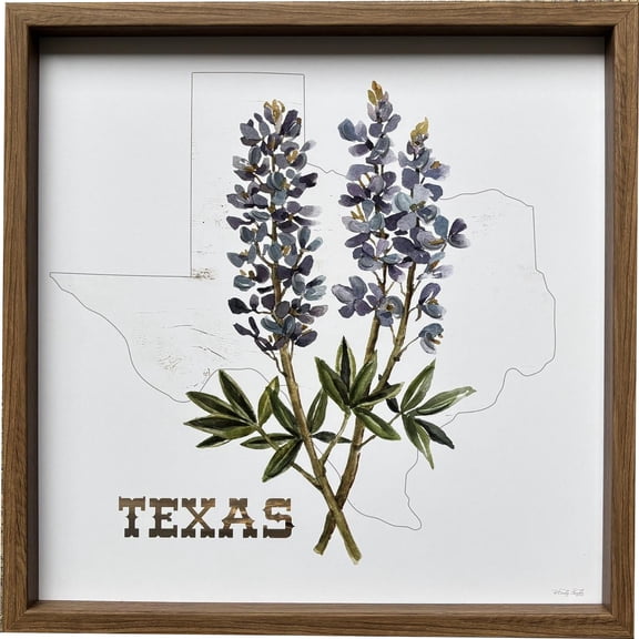 Crystal Art Gallery 16x16 Texas Flowers Framed Wall Art Decor, Bluebonnet Floral Artwork with Texas State Outline, Rustic Farmhouse Home Wall Decor