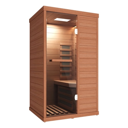 TEXBM 1000W Far Infrared Sauna Room - Solid Okoume Wood Portable Sauna with Bluetooth Speaker, Colorful LED Lights, USB Port, 7 Heating Panels, Tempered Glass Doo