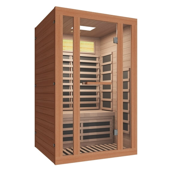 TEXBM 2-Person Far Infrared Sauna with Red Light Therapy, Wooden Home Sauna, Bluetooth Speaker & Color LED Lights, 8mm Tempered Glass Door