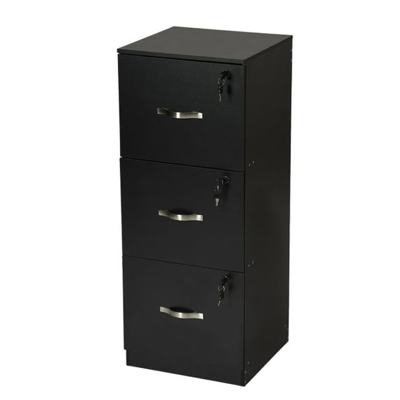 TEXBM 3-Drawer Wooden File Cabinet with Lock – MDF Vertical Filing Cabinet, Metal Handles, Black, for Home Office Document Storage