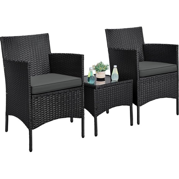 TEXBM 3 Pieces Patio Porch Furniture Set, Outdoor PE Rattan Wicker Conversation Set with Soft Cushions, Glass Coffee Table & 2 Chairs for Garden/Deck/Courtyard/Poolside, Black/Gray