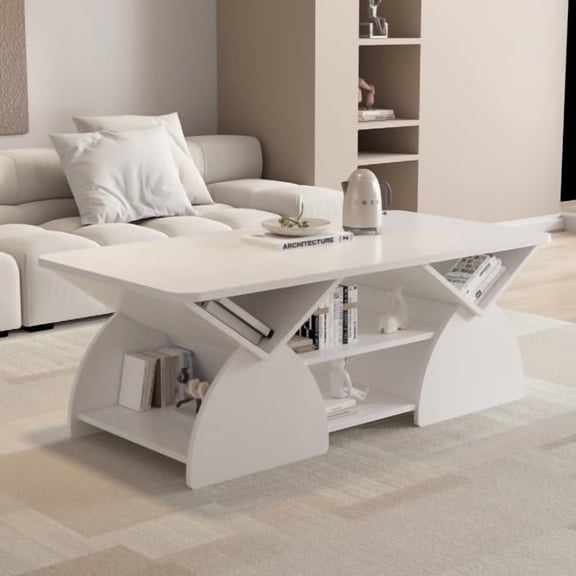 TEXBM 47.24-Inch Geometric Storage Coffee Table – 6 Open Shelves, Rounded Corner Design, White/Black/Blue Options, Modern Living Room & Office Side Table
