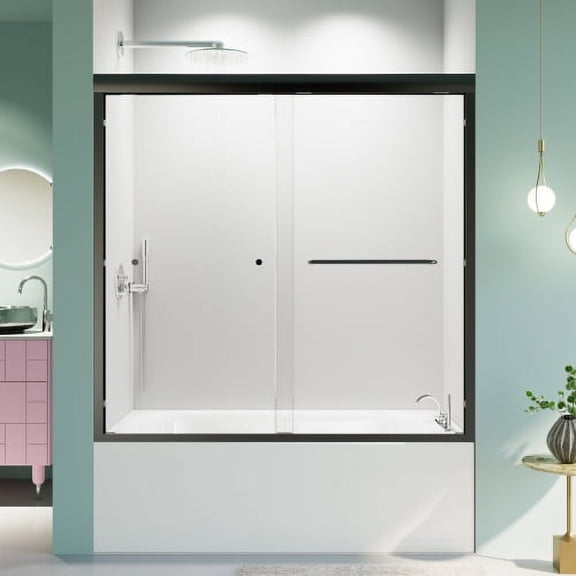 TEXBM 56"-60"W Semi-Frameless Double Sliding Tub Door, 1/4" Tempered Glass, Matte Black, Adjustable Width Bypass Shower Enclosure, Easy Installation