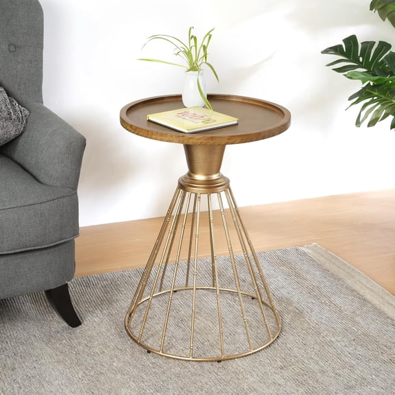 TEXBM Aurl Hollow Edge End Table, Round Side Table, Wooden Concave Tabletop, Iron Frame Side Desk, No Assembly Needed, Pine Wood Tea Desk for Living Room Home, Gold+Natural