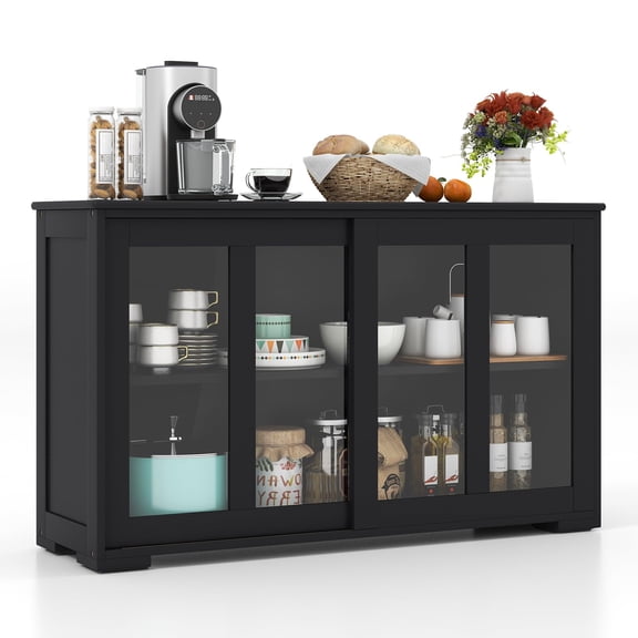 TEXBM Buffet Sideboard with Storage, 2-Door Floor Cupboard with Sliding Tempered Glass Cabinet & Adjustable Shelf, Stackable Storage Cabinet for Kitchen, Entryway (Brown)
