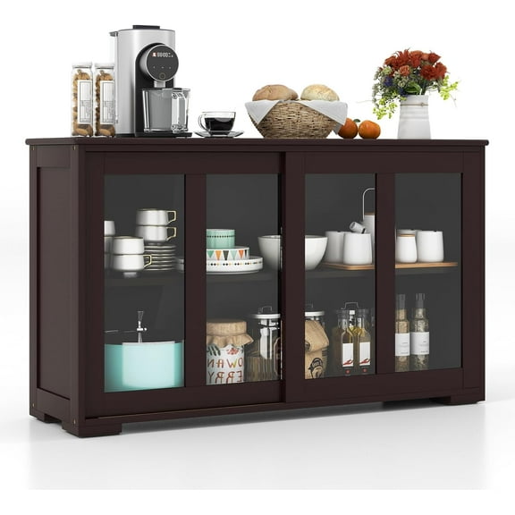 TEXBM Buffet Sideboard with Storage, 2-Door Floor Cupboard with Sliding Tempered Glass Cabinet & Adjustable Shelf, Stackable Storage Cabinet for Kitchen, Entryway (Brown)