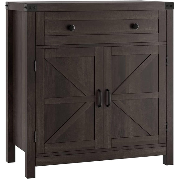 TEXBM Coffee Bar Cabinet, Kitchen Storage Cabinet, Modern Farmhouse Buffet Sideboard with Drawer and Adjustable Shelf, Barn Door Accent Cabinets for Kitchen, Dining Room, Entryway, Dark Brown