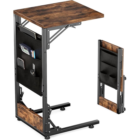 TEXBM End Table with Storage Bag, Portable C-Shaped End Table for Couch, Sofa, Bed, Foldable Laptop Stand for Small Space (Rustic Brown)