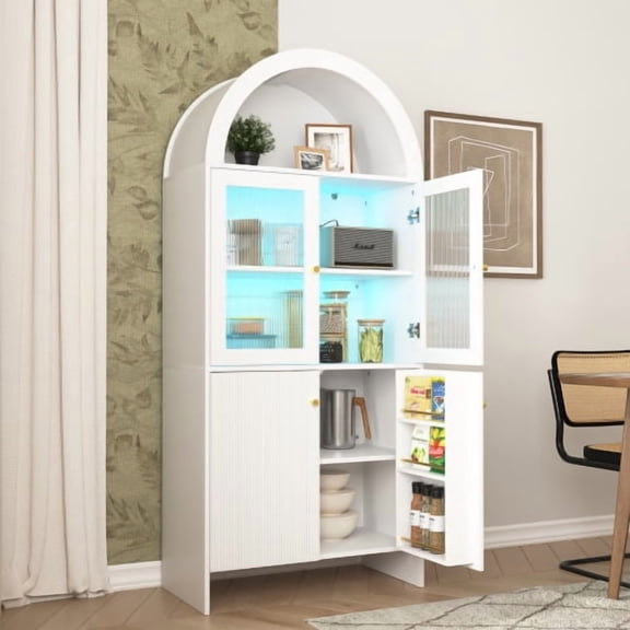 TEXBM LED Light Dome Storage Cabinet White/Brown, MDF Smart Storage Cabinet with Lotus Light Control Modern Home Decor