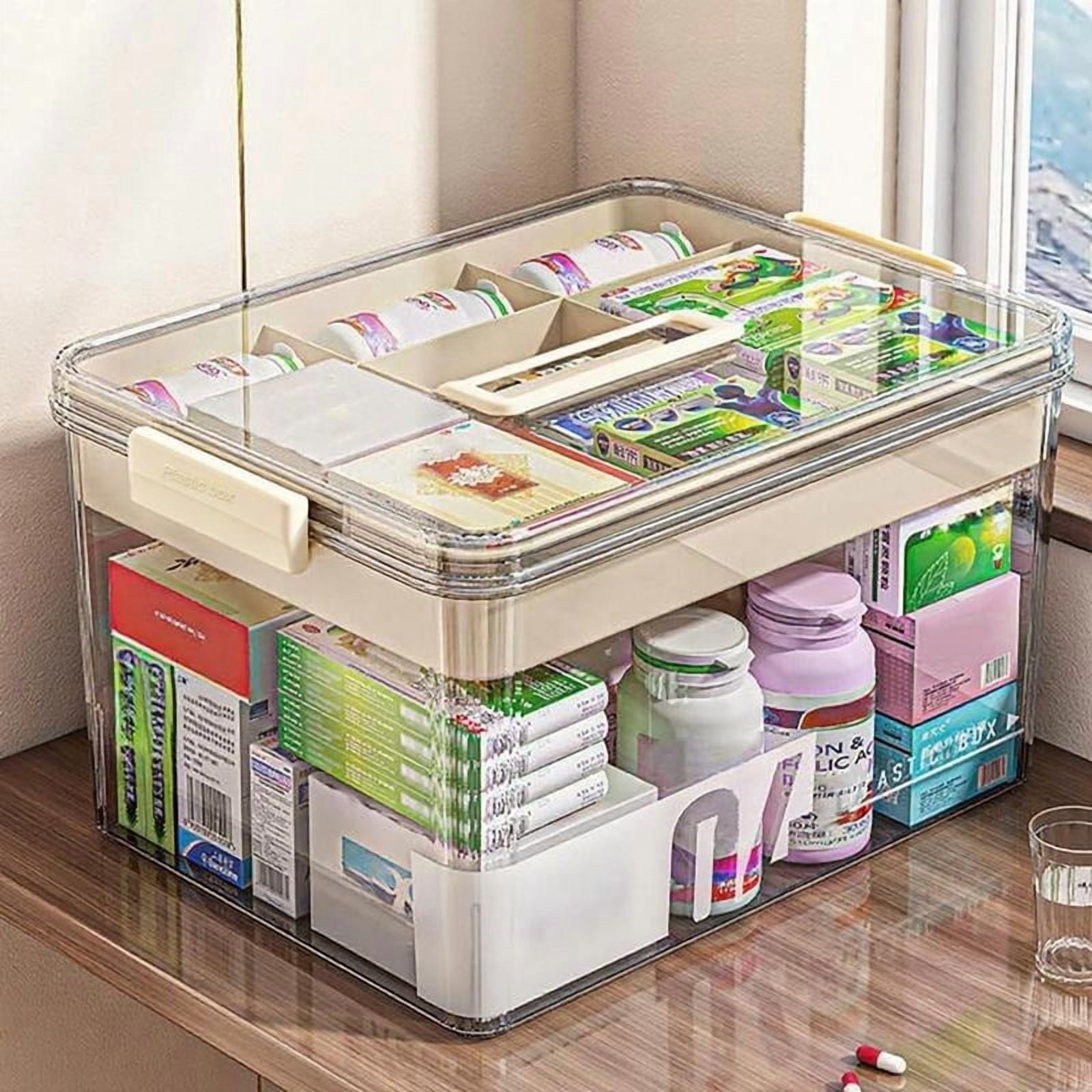 TEXBM Large Double-Layer Medicine Storage Box – Transparent, Moisture-Resistant Sealed Pill Organizer with Carry Handle, Portable First Aid Kit for Home, Travel, and Car Use
