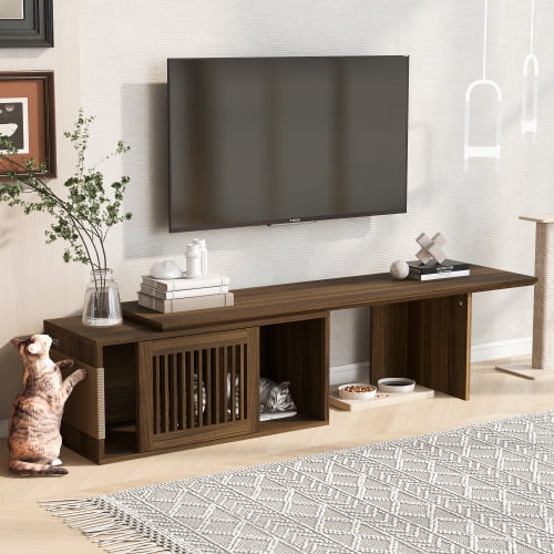 TEXBM Mid-Century Modern 2-in-1 Cat Furniture, 78" Extendable Walnut TV Stand (Up to 110"), Entertainment Center with Litter Box Enclosure & Cat Scratcher, Holds TVs up to 85"