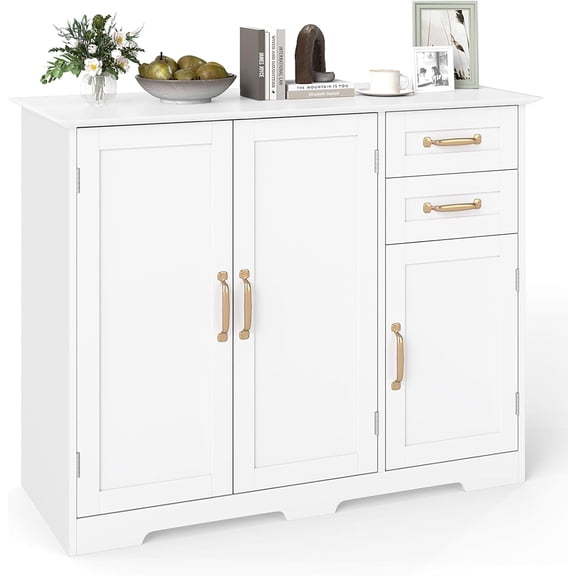 TEXBM Sideboard Buffet Cabinet with Storage, Modern Kitchen Buffet Table with 3 Doors, 2 Pull-Out Drawers & Adjustable Shelf, Coffee Bar Console Table for Living Room, Dining Room, Pantry (White)