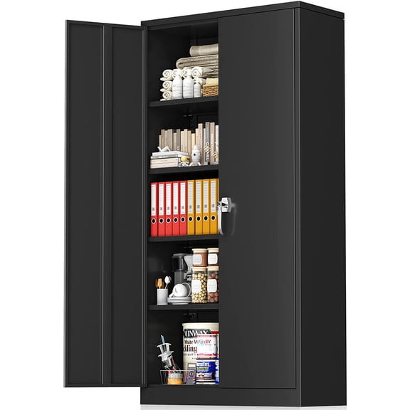 TEXBM Storage Cabinet, 72 Black Garage Steel Locking Cabinet with Doors and 4 Adjustable Shelves, Tall Lockable File &Tool Cabinet for Home Office, Metal Classroom Cabinet Basement