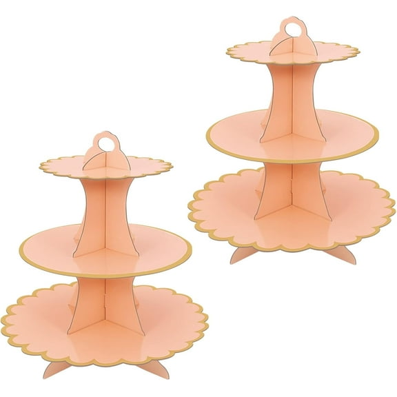 TEXIJUSO 2 Pack Orange Cake Stand Cardboard Cupcake Stand 3 Tier Cupcake Dessert Holder Cardboard Round Tower Cardboard Cake Stands for Afternoon Tea Cake Stand 3 Tier Cake Stand for Birthday Party