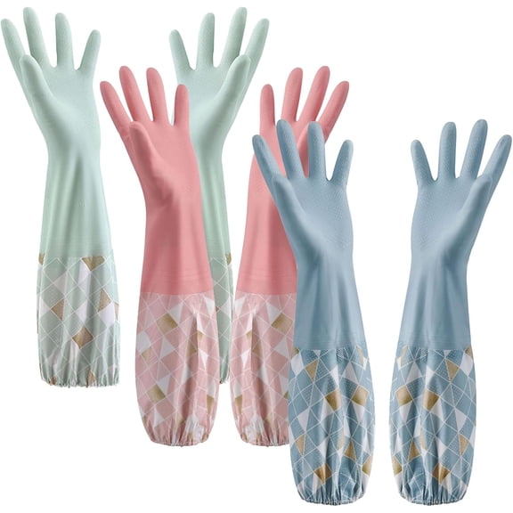 TEXIJUSO 3PCS Dishwashing Cleaning Gloves with Cotton Flocked Liner, Reusable Latex Free Waterproof Long Cuff Kitchen Glove for Laundry, Cleaning, Working, Gardening(Pink+Green+Blue)