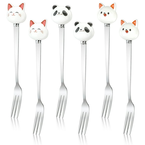 TEXIJUSO 6Pcs Coffee Fork Set with Cute Ceramic Handles, Cartoon Fruit Forks for Salads Snacks and Cakes