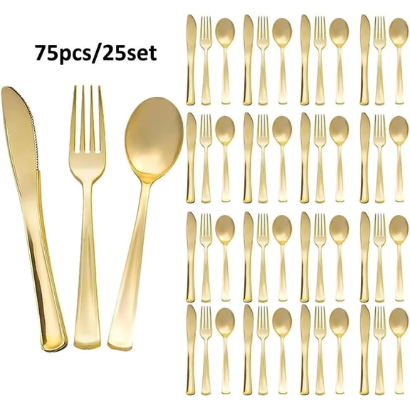 TEXIJUSO 75Pcs Disposable Plastic Cutlery, Plastic Heavy Duty Utensils for Parties, Gold Silverware Plastic Cutlery Set Include 7.4In Forks, 6.9In Spoons  and  7.9In Knives (Gold)