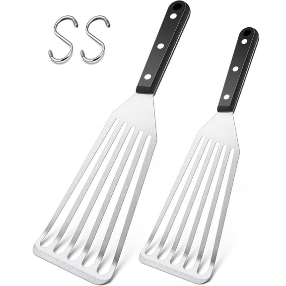 TEXIJUSO Fish Spatula 2 Pcs Stainless Steel Fish Turner with ABS Solid Handle Metal Slotted Spatula Turner for Flipping Frying and Grilling Attached S Hooks