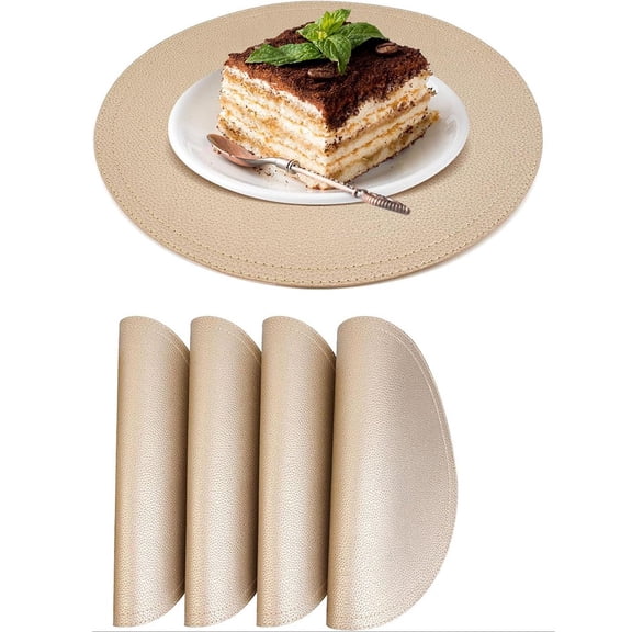 TEXIJUSO Set of 4 Faux Leather Round Placemats, Kitchen Table Mats, Waterproof, Easy to Clean for Kitchen Dining Round Table (Gold)