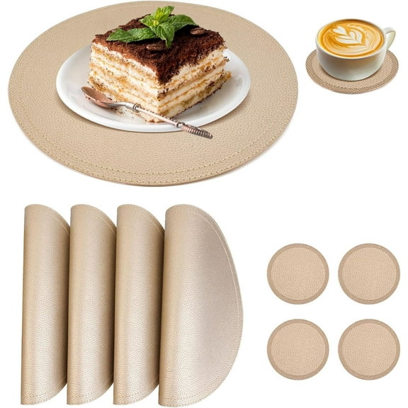 TEXIJUSO Set of 4 Faux Leather Round Placemats and Coasters, Coffee Mats Kitchen Table Mats, Waterproof, Easy to Clean for Kitchen Dining Round Table