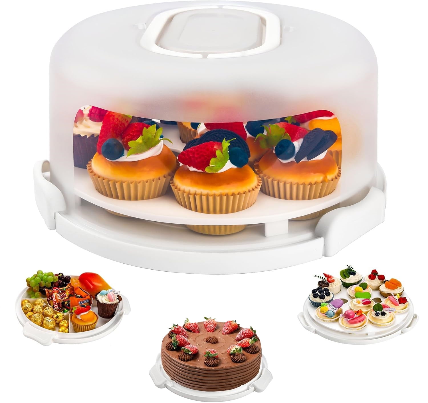 TEXIJUSO White Cake Containers with Lids Round Plastic Cupcake Holders 4-in-1 Multipurpose Cake Carrier Holder for 11 Inch Cake Pies Cupcake Eggs Fruit or Snack Transport