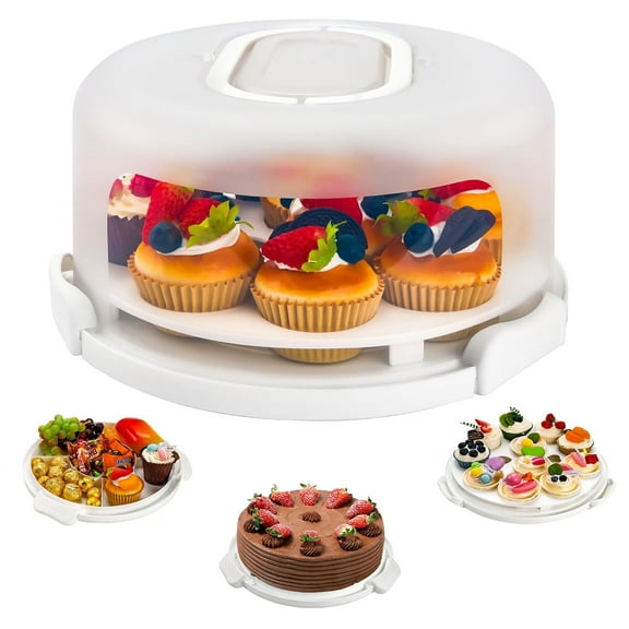 TEXIJUSO White Cake Containers with Lids Round Plastic Cupcake Holders 4-in-1 Multipurpose Cake Carrier Holder for 11 Inch Cake Pies Cupcake Eggs Fruit or Snack Transport