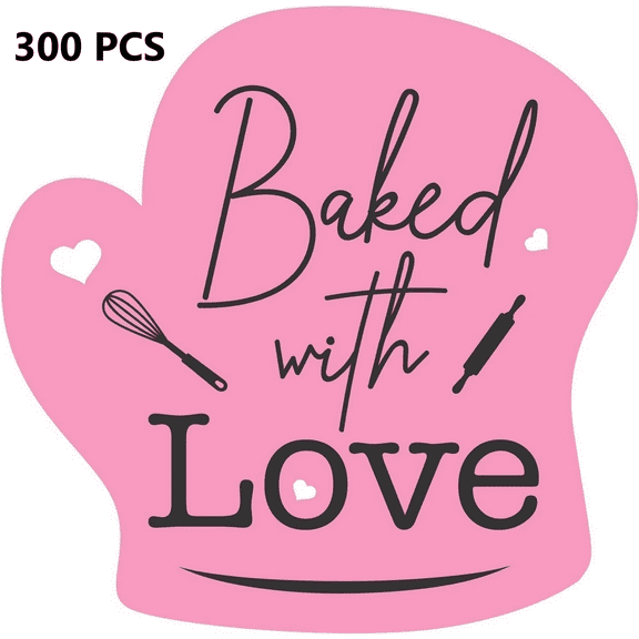 TEXIJUSO labels 300 Baked with Love Stickers in Sheets, Pink Color in Hand Die cut Design | 2" x 2" inch Size Highly Recommended for All Bakeries and Baked Products