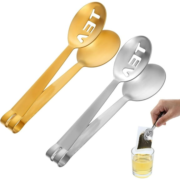 TEXIJUSO2 Pcs Tea Bag Squeezer, Stainless Steel Tea Bag Squeezer Tongs Tea Filter Spoon Clamp Tea Strainer Holder Clip Suitable for Gripping Loosing Leaf, Ice Cube, Sugar and Lemon Slice(Gold+Silver)