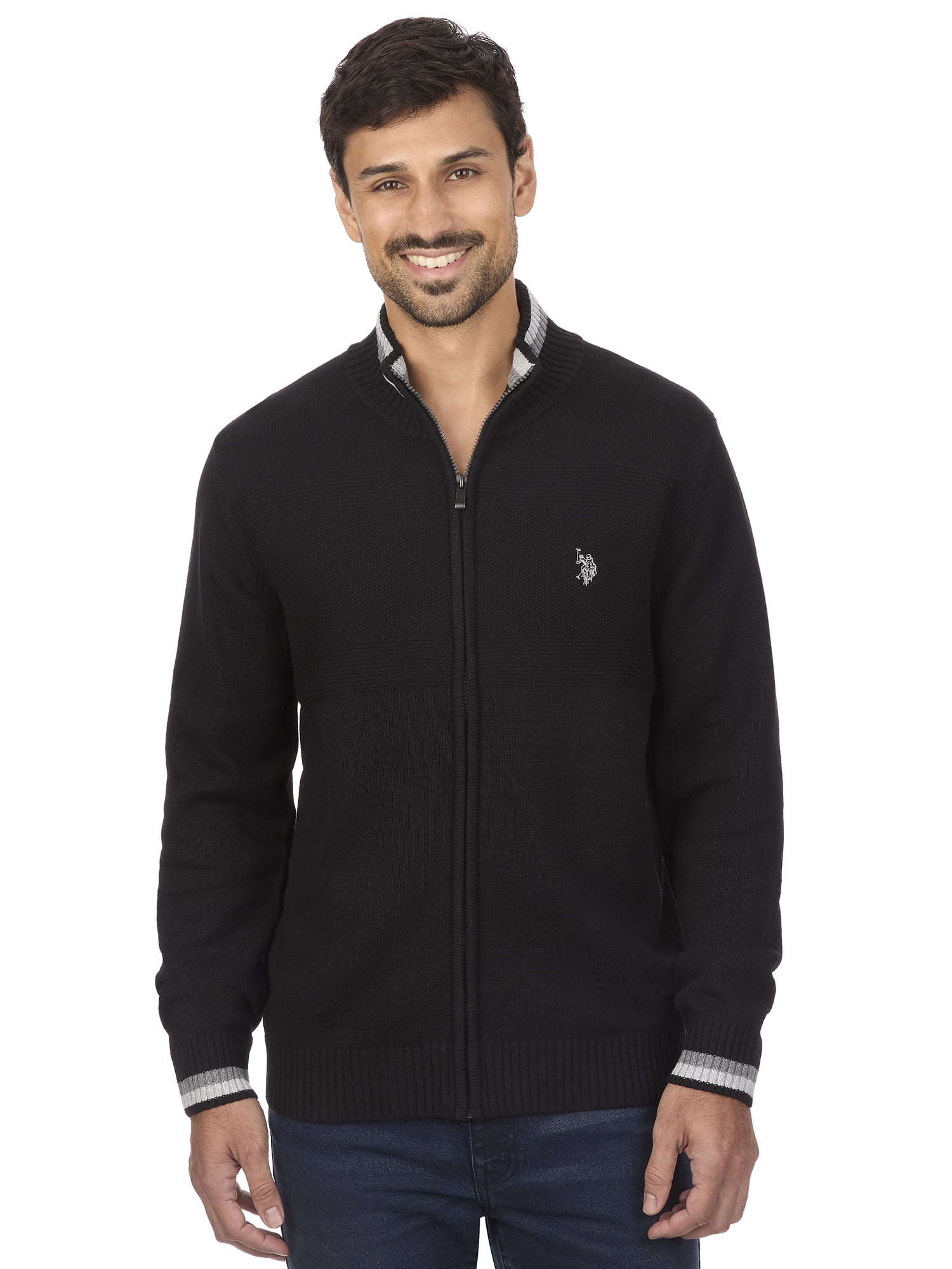 U.S. Polo Assn Men's Textured Chest Stripe Full-Zip Sweater