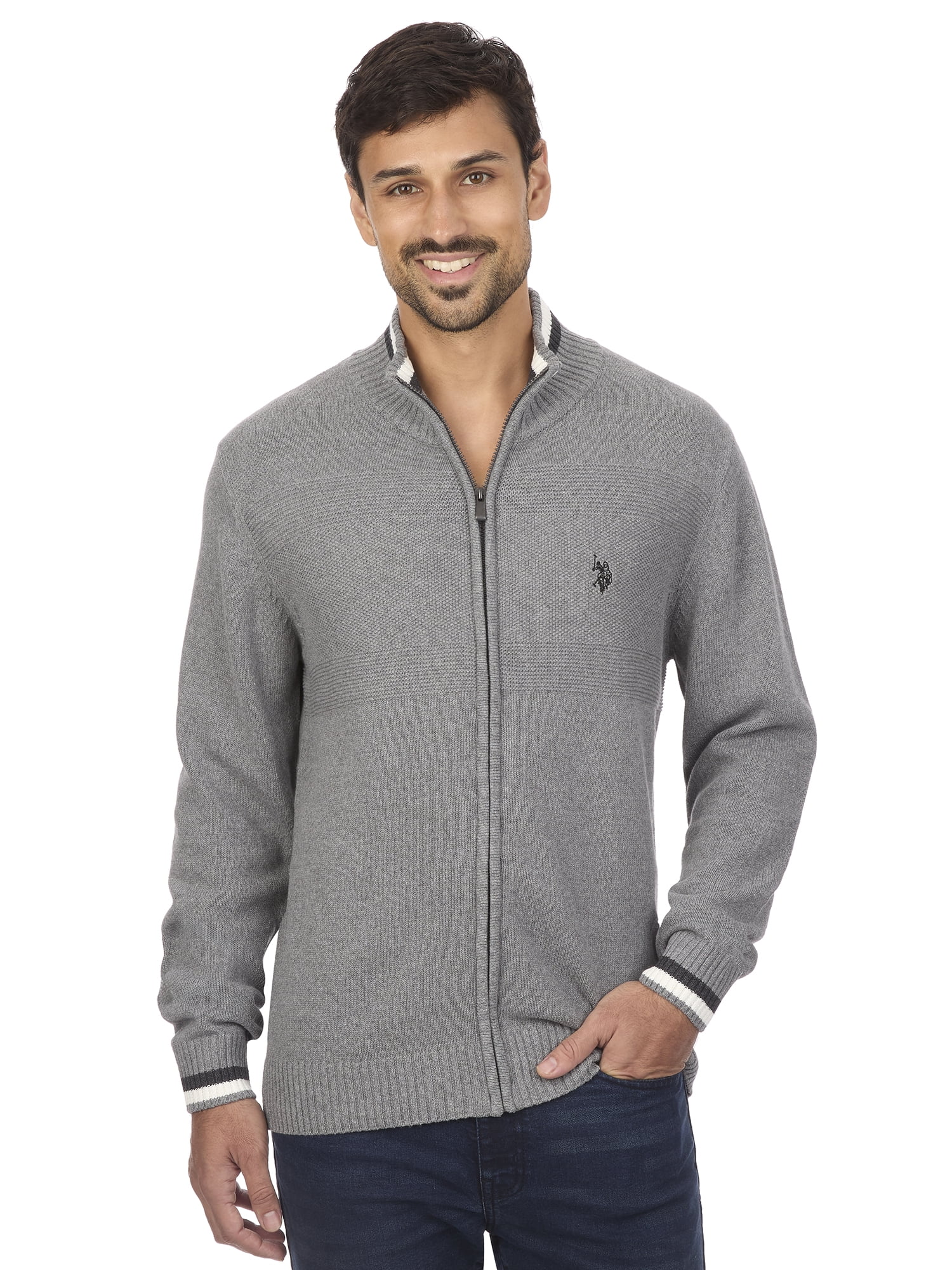 U.S. Polo Assn Men's Textured Chest Stripe Full-Zip Sweater