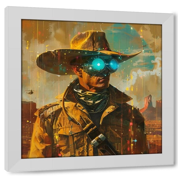 TEXTZEN 20x20 White Modern Wood Framed Wall Art Titled - SciFi Cowboy