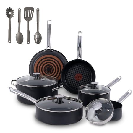 T-fal Cook & Strain Non-stick, 14 Piece Pots and Pans Cookware Set, Black