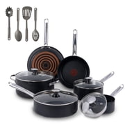 T-fal Cook & Strain Non-stick, 14 Piece Pots and Pans Cookware Set, Black