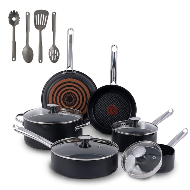 T-fal Cook & Strain Non-stick, 14 Piece Pots and Pans Cookware Set, Black
