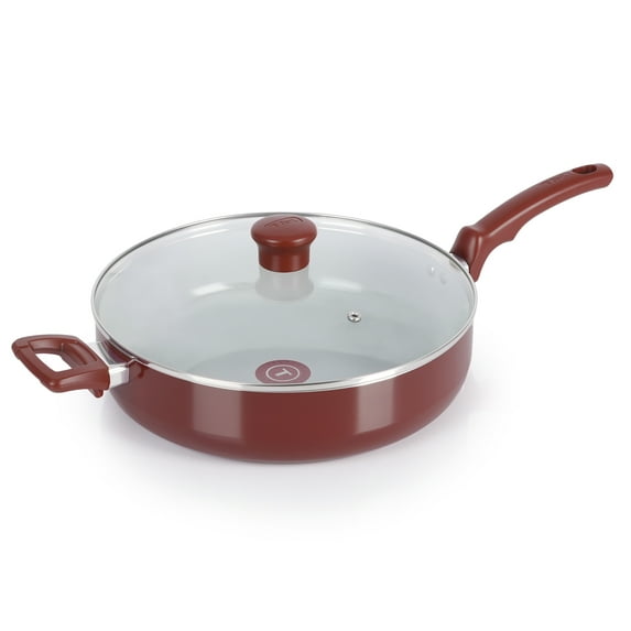 T-Fal Kitchen Solutions Red 5 Quarts Ceramic Non-Stick Jumbo Cooker Sauté Pan with Lid & Helper Handle