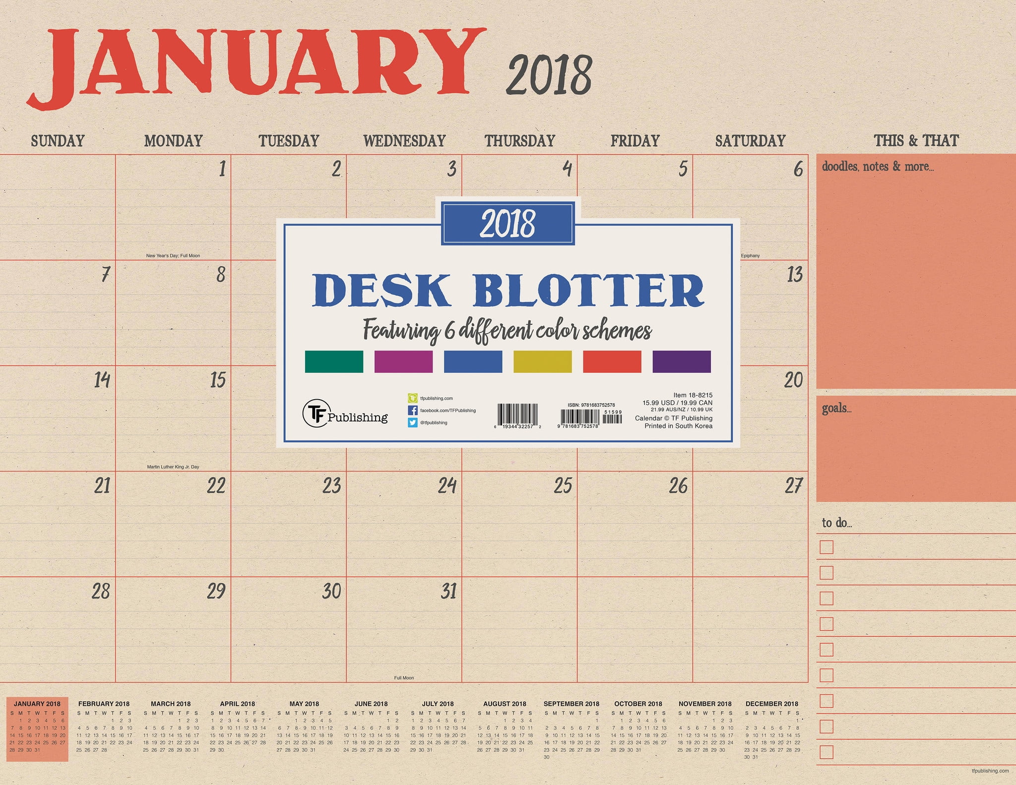 TF Publishing 2018 Colorful Kraft Desk Pad Calendar