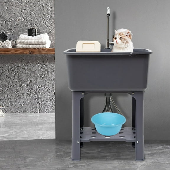 TFCFL 1-Compartment Freestanding Utility Sink Laundry Sink w/Faucet Washboard & Drain for Washing Room Basement Garage