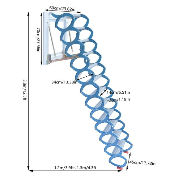 TFCFL 12 Steps Retractable Attic Ladder 10-12ft Folding Loft Ladder Wall Mounted Pull Down Attic Stairs