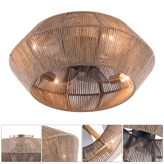 TFCFL 18'' Boho Ceiling Fan Light Rattan Caged Flush Mount Fan Chandelier Lamp 6 Speeds with Remote Control