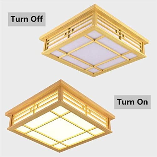 TFCFL 18 inch Wood LED Ceiling Light Japanese Style, Vintage Square Ceiling Lamp Light Fixture White/Neutral/Warm Light Dimming Remote for Dining Living Room Bedroom Balcony