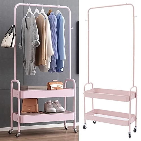 TFCFL 2 in 1 Garment Rack, Clothing Rack with 2 Tier Metal Basket & Casters, Rolling Storage Cart Clothes Organizer, Heavy-Duty Metal Clothing Rack for Hanging Clothes, Dresses, Co