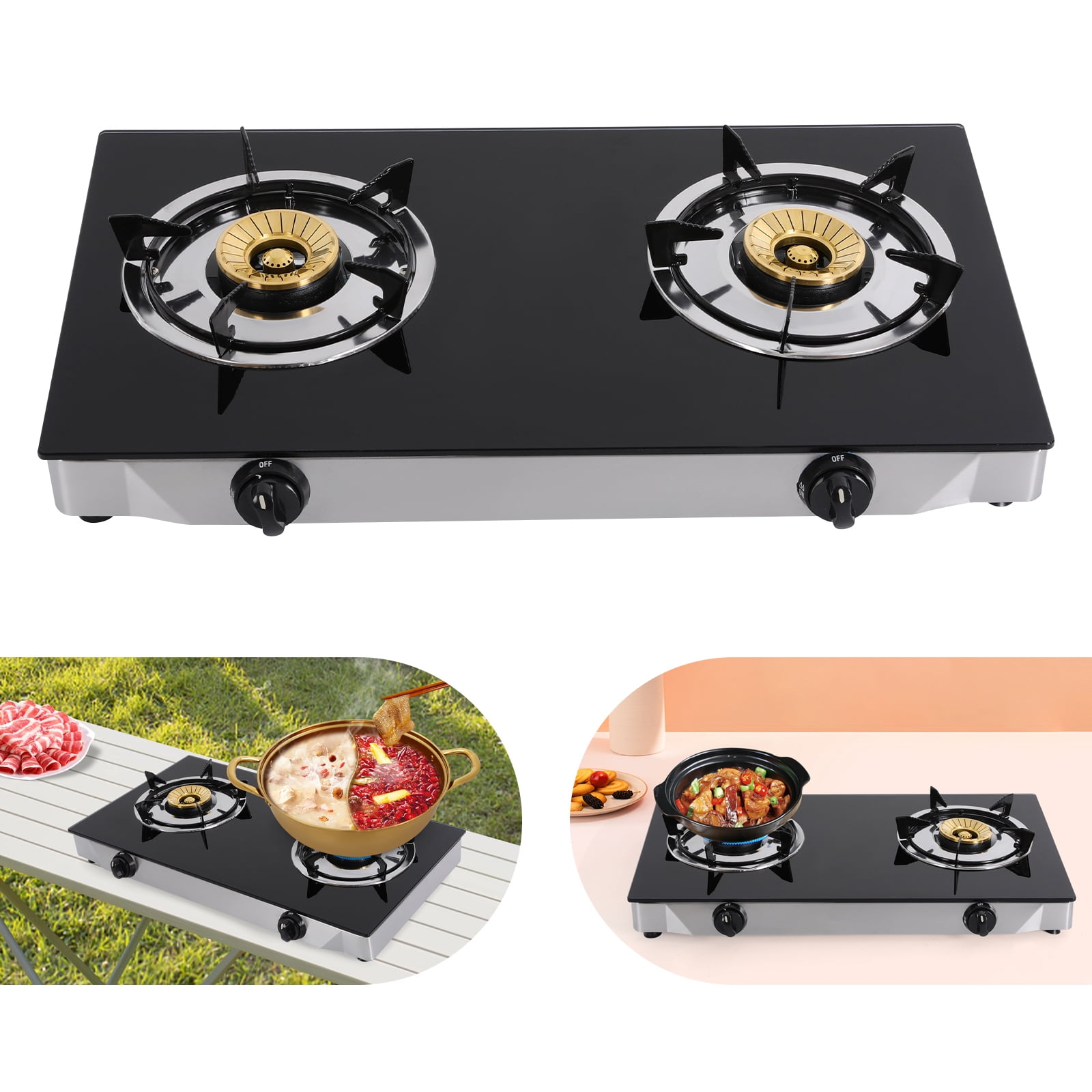 TFCFL 2 Burners Gas Stove Countertop Portable Kitchen Gas Cooking Stovetop LPG Gas Stove